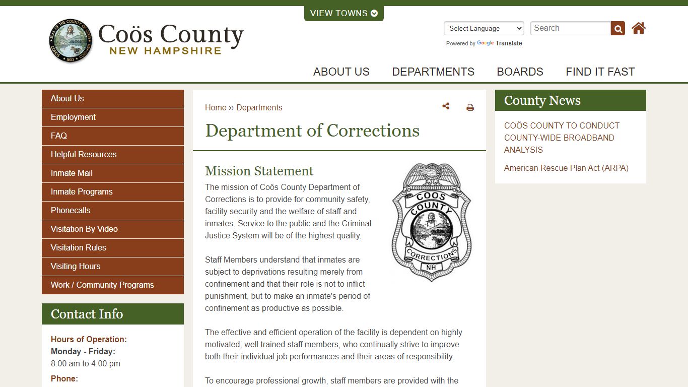 Department of Corrections | Coos County NH