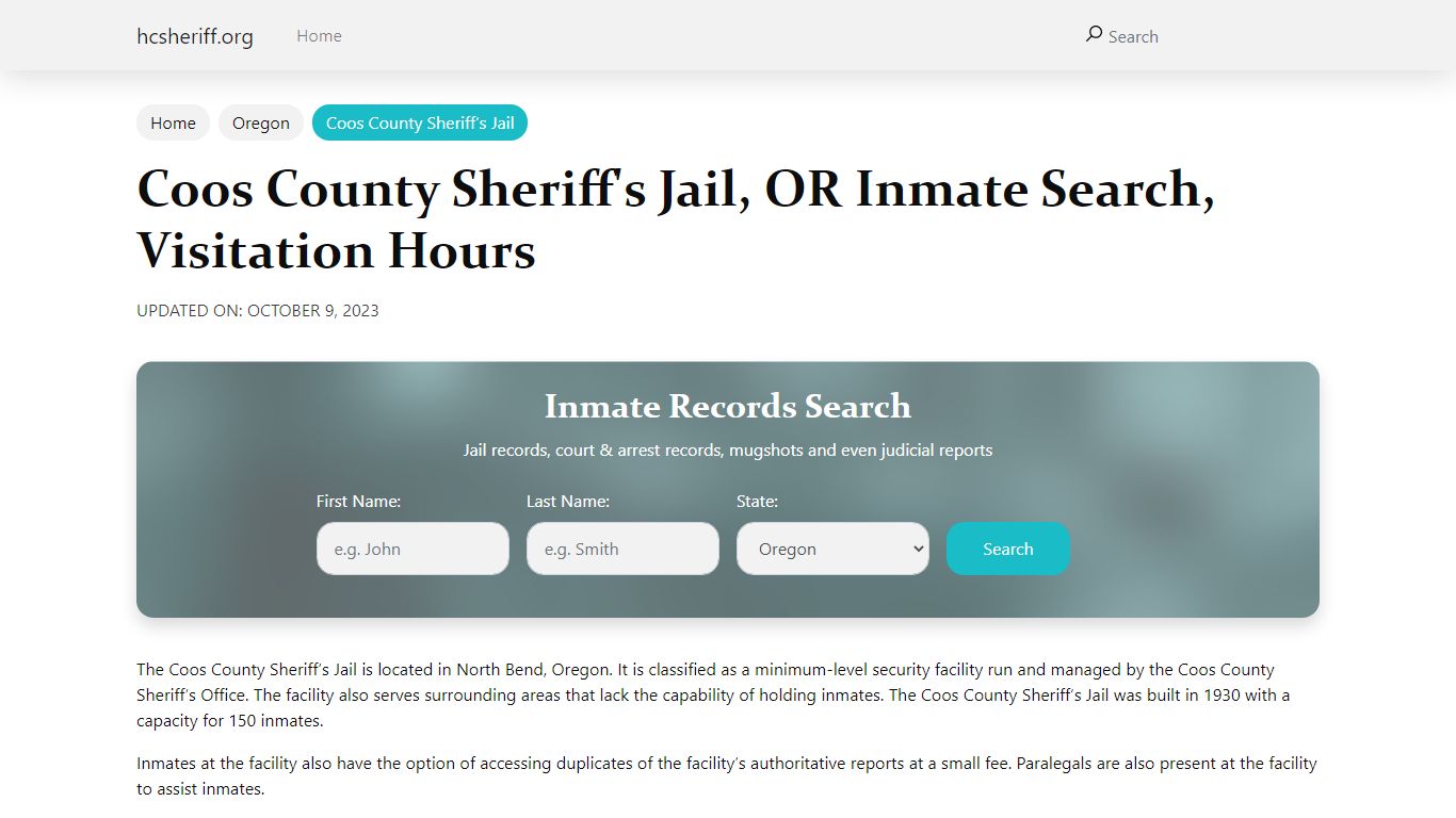 Coos County Sheriff's Jail, OR Inmate Search, Visitation Hours
